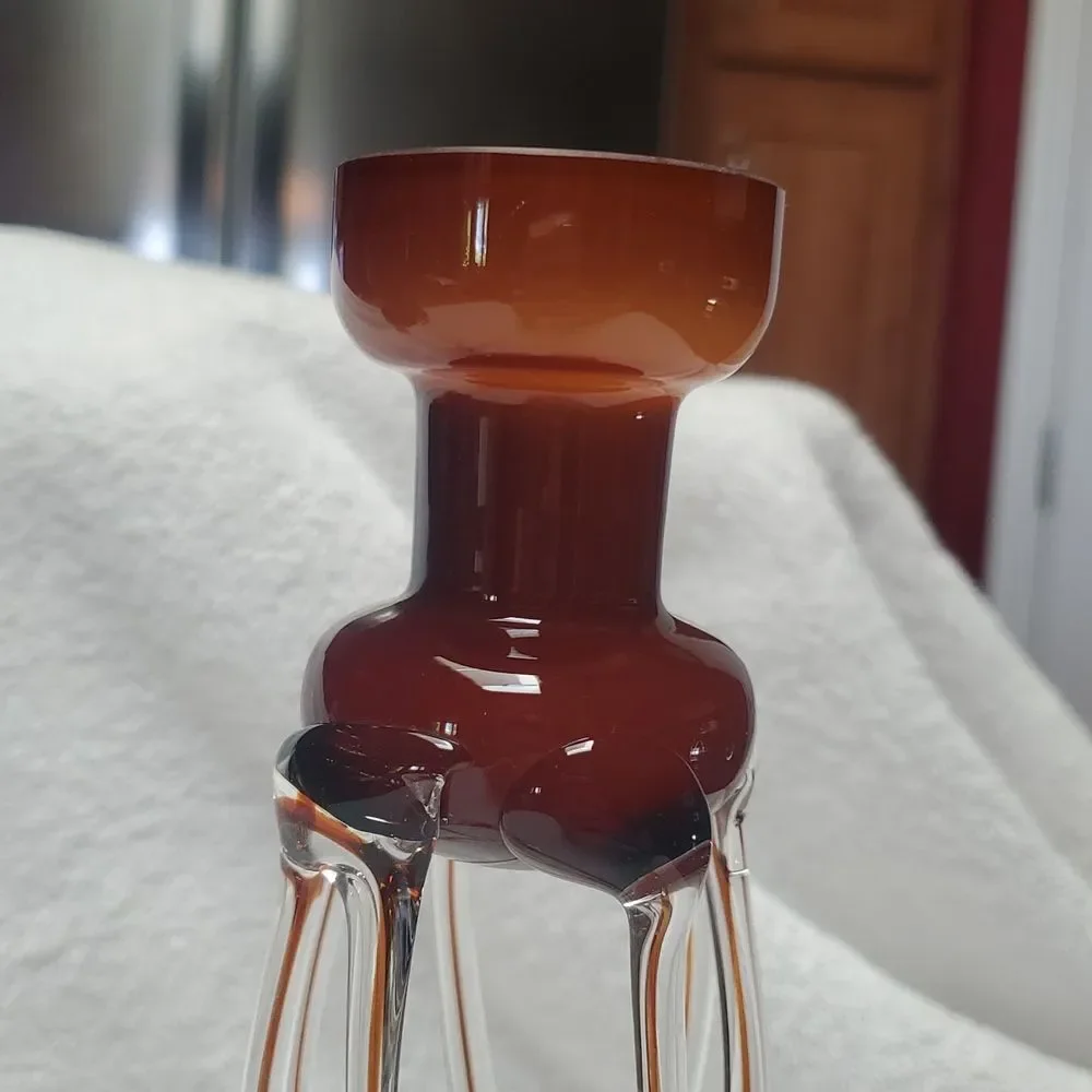 Polish Hand Blown Glass Candle Holders Jellyfish Sculptural Amber Brown VTG